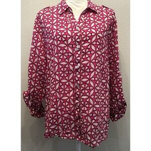 Chico's Pink White Geometric Starburst Cotton Roll Tab Button Down Blouse Size 3